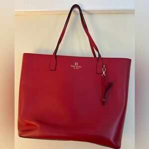 Kate Spade New York Red Leather Tote Shoulder Bag Large Gold Logo